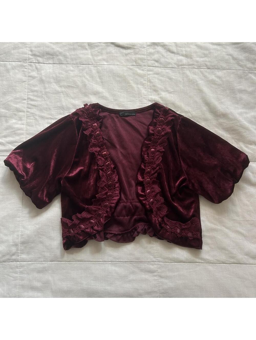 Axes Femme Burgundy Red Velvet Bolero Cardigan Lace Ruffle Puff Sleeve M Japan